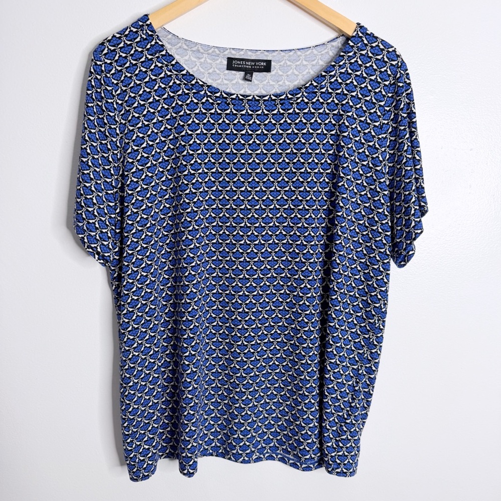 NWT Jones New York Women’s Knit Short Sleeves Blouse Blue White 2X Stretch